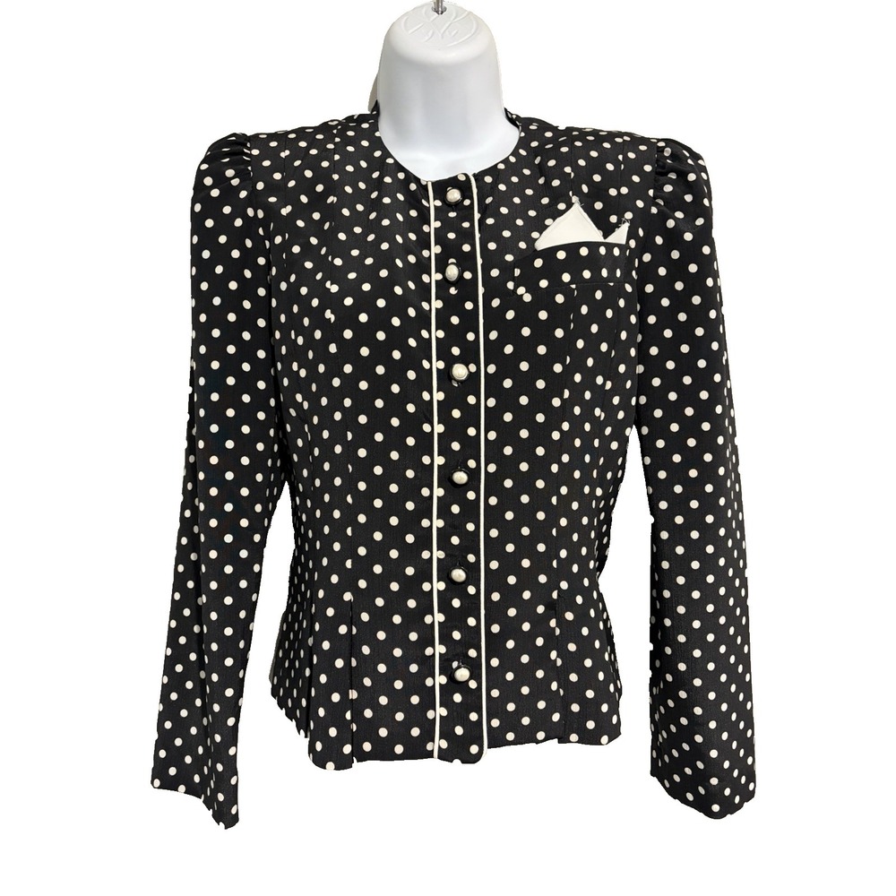 Vtg 80s Does 40s Leslie Fay Polka Dot Blazer~6P~Black White Puff Slvs Pearl Btns